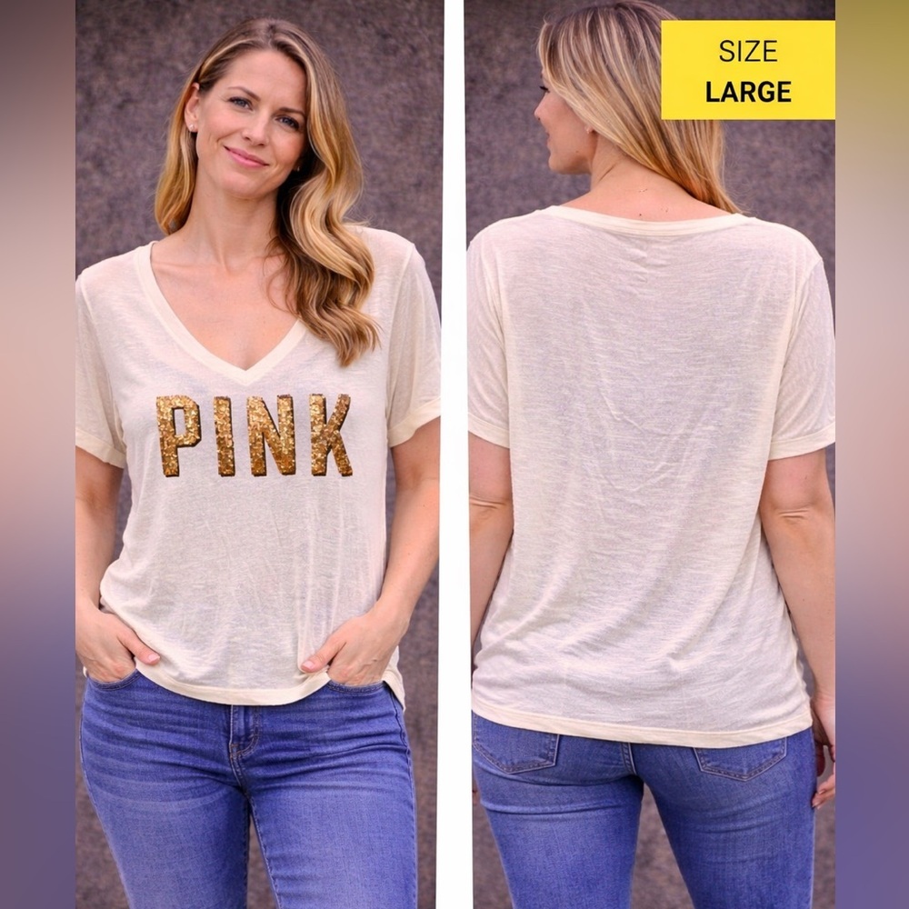 PINK Victoria's Secret Sequin Logo V-Neck Tee – Cream sequin LARGE